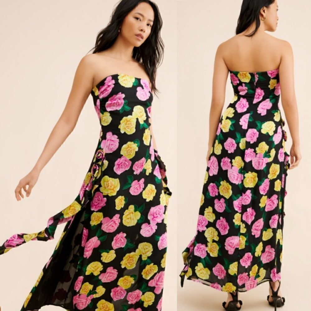 NWT For Love and Lemons Madison Maxi Black Dress Strapless Floral Size S